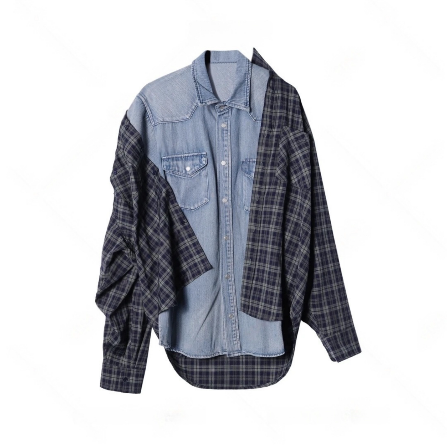 加贝洋复古拼接风潮流痞帅牛仔格纹衬衫男款长袖翻领宽松街头衬衣