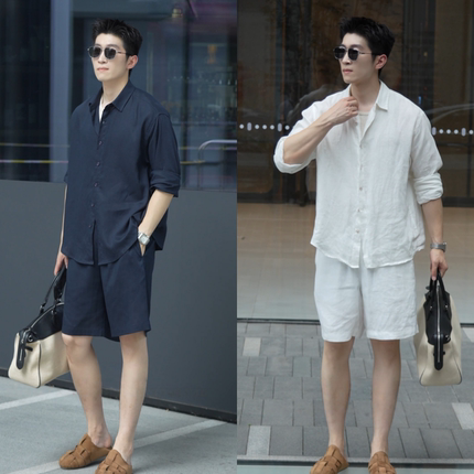 加贝洋时尚老钱休闲简约透气衬衫短裤两件套夏季男款高级潮流套装