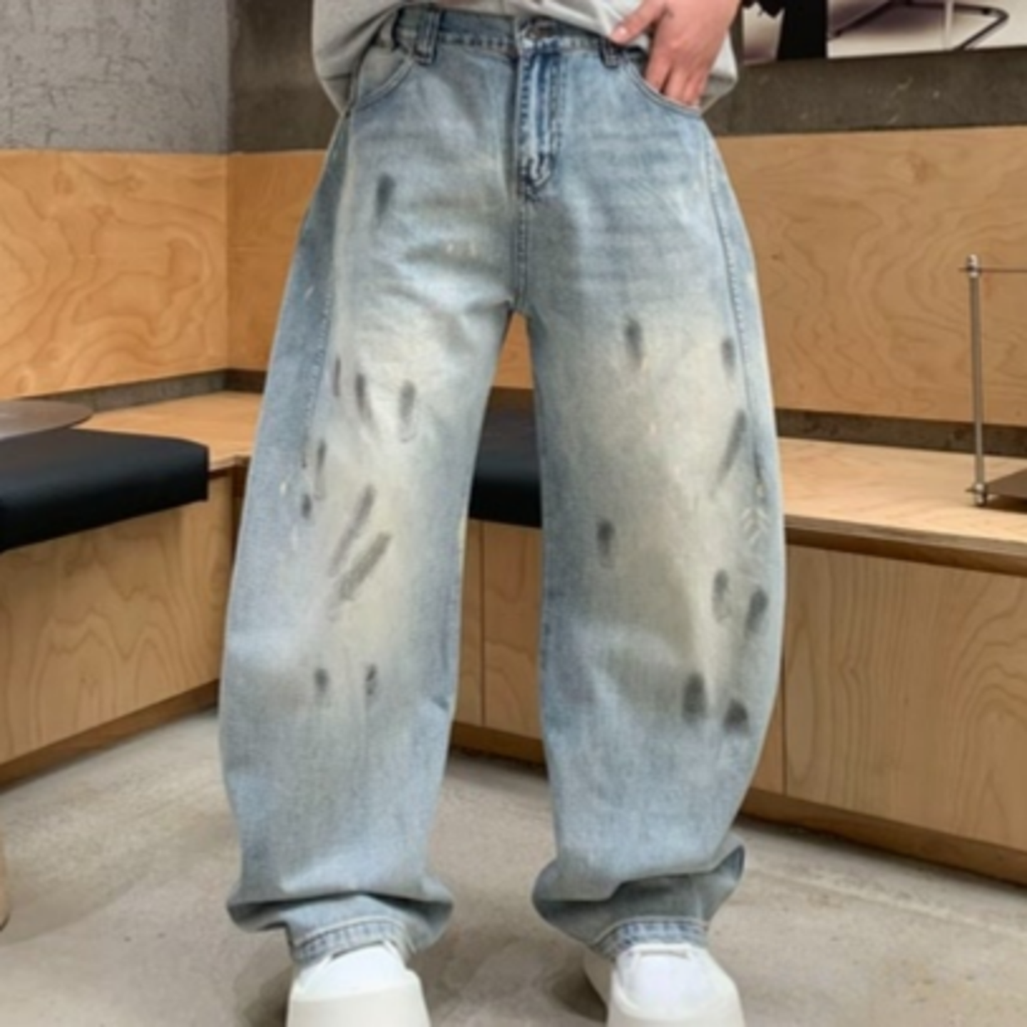 加贝洋春夏季纯色街头风涂鸦牛仔裤男潮牌痞帅炸街阔腿宽松直筒裤