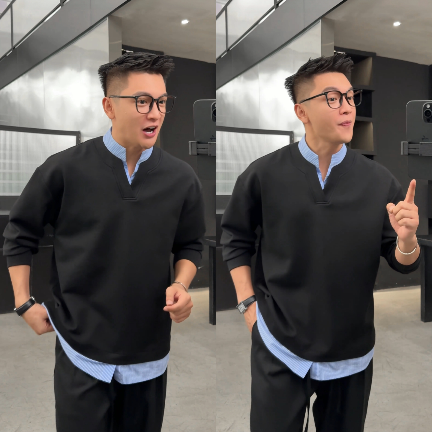 潮流圆领假两件条纹拼接长袖上衣
