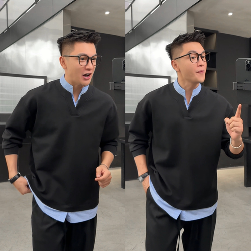 潮流圆领假两件条纹拼接长袖上衣