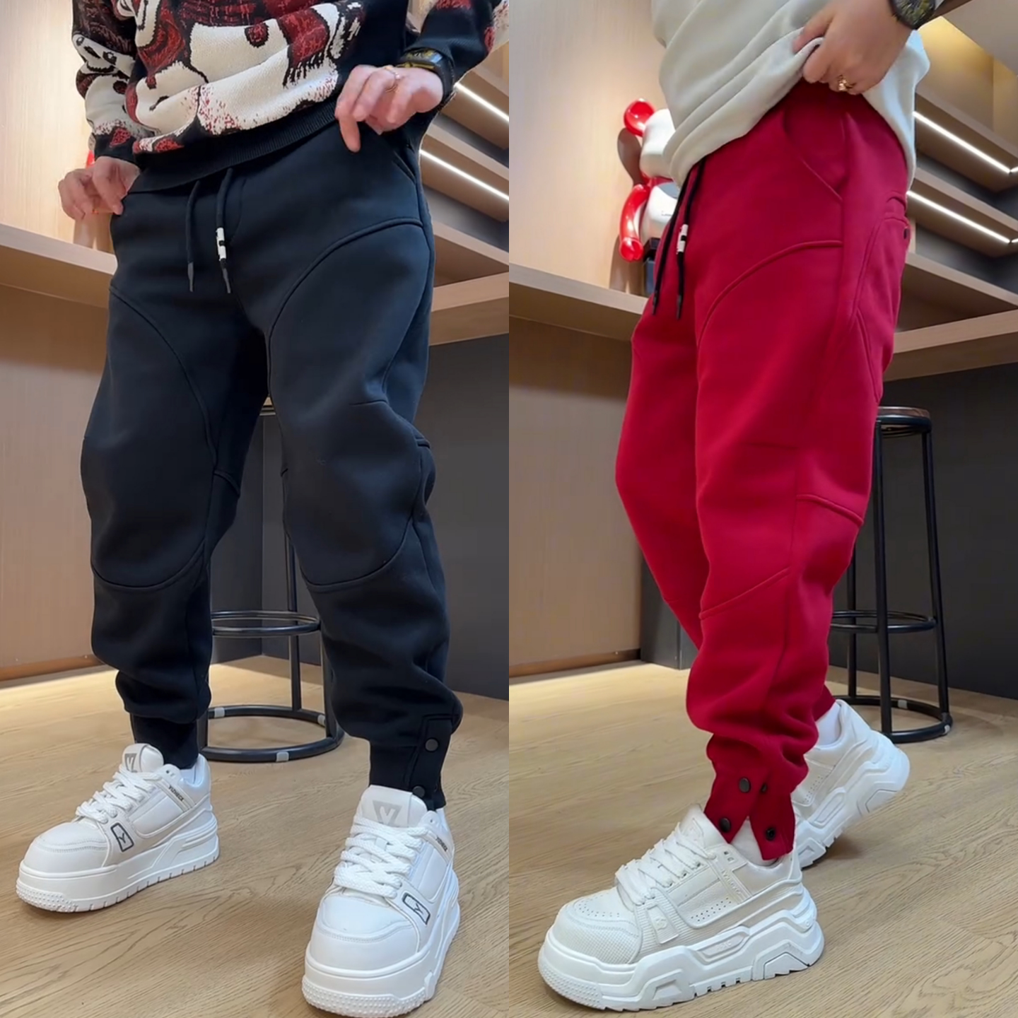 韩版潮流冬季加绒结构裤脚按扣休闲卫裤立体剪裁时尚男女款束脚裤