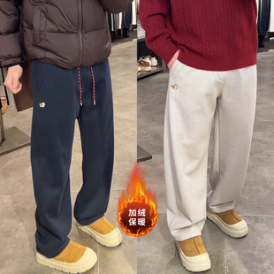 冬季马年限定刺绣加绒加厚休闲裤时尚百搭舒适男士直筒保暖卫裤潮