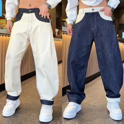 美式复古层次拼接撞色牛仔裤