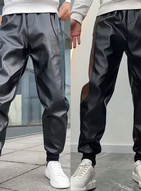 冬季高级感拼色加绒加厚皮裤