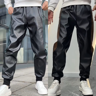 冬季高级感拼色加绒加厚皮裤男百搭简约束脚休闲裤保暖防风哈伦裤