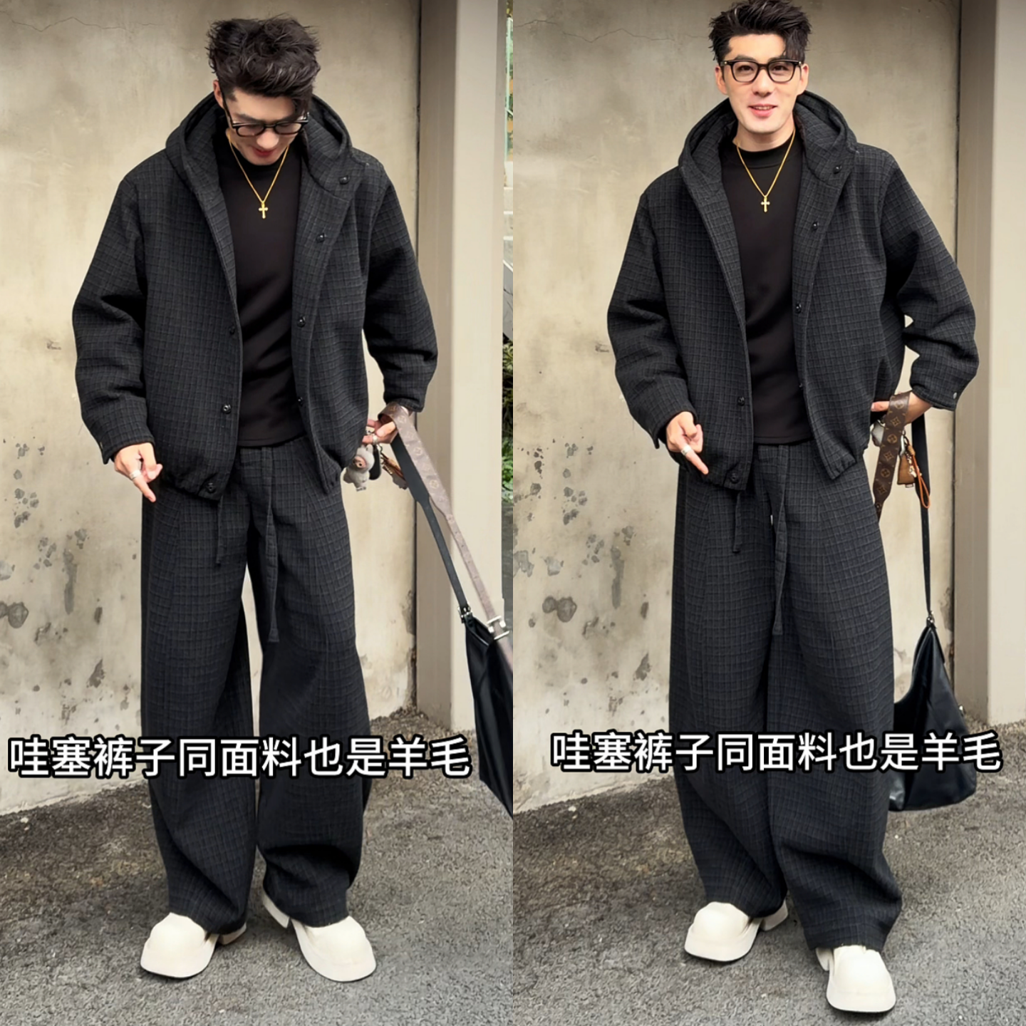 冬季新品小众高级感复古格子夹克套装男潮流百搭重磅外套休闲长裤