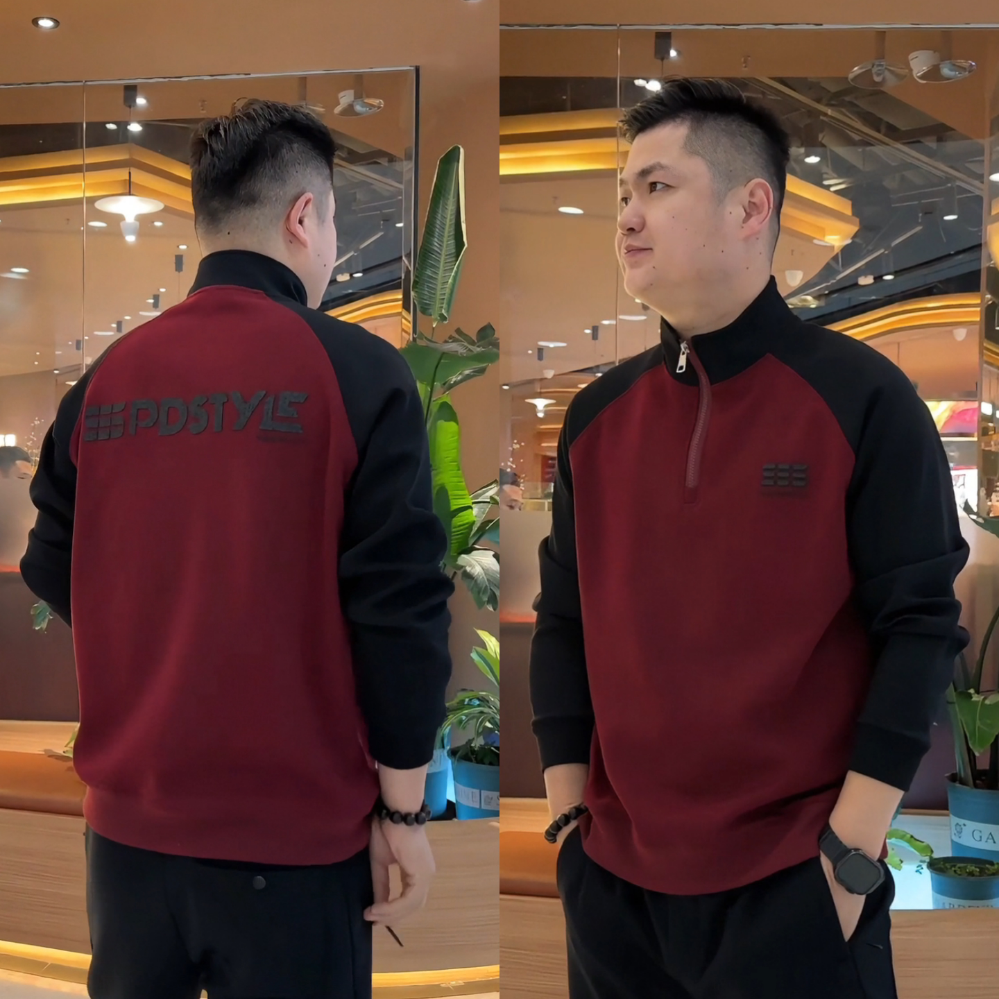 高品质撞色拼接半拉链设计冬季新款新年限定加绒保暖男士卫衣打底