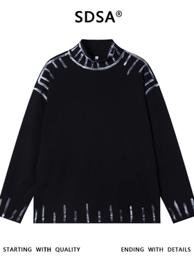 秋季美式痞帅黑色男装韩版撞色印花半高领长袖T恤百搭时尚上衣潮