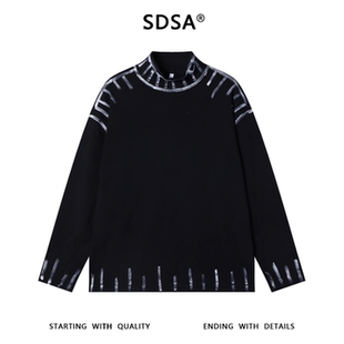 秋季美式痞帅黑色男装韩版撞色印花半高领长袖T恤百搭时尚上衣潮