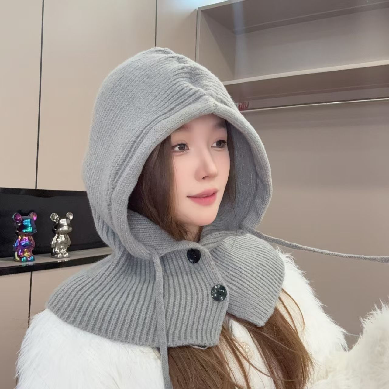 秋冬针织保暖围脖帽一体护耳帽