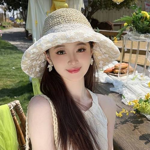 蕾丝遮阳系带草帽夏季超仙珍珠防晒法式碎花海边沙滩遮阳帽森女系
