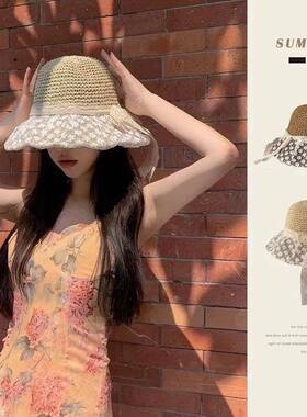 蕾丝花边草帽渔夫帽女夏季大帽檐
