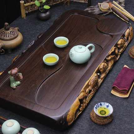 黑檀木茶盘实木整块精雕鱼 家用茶海大号加厚茶台排水 功夫茶具