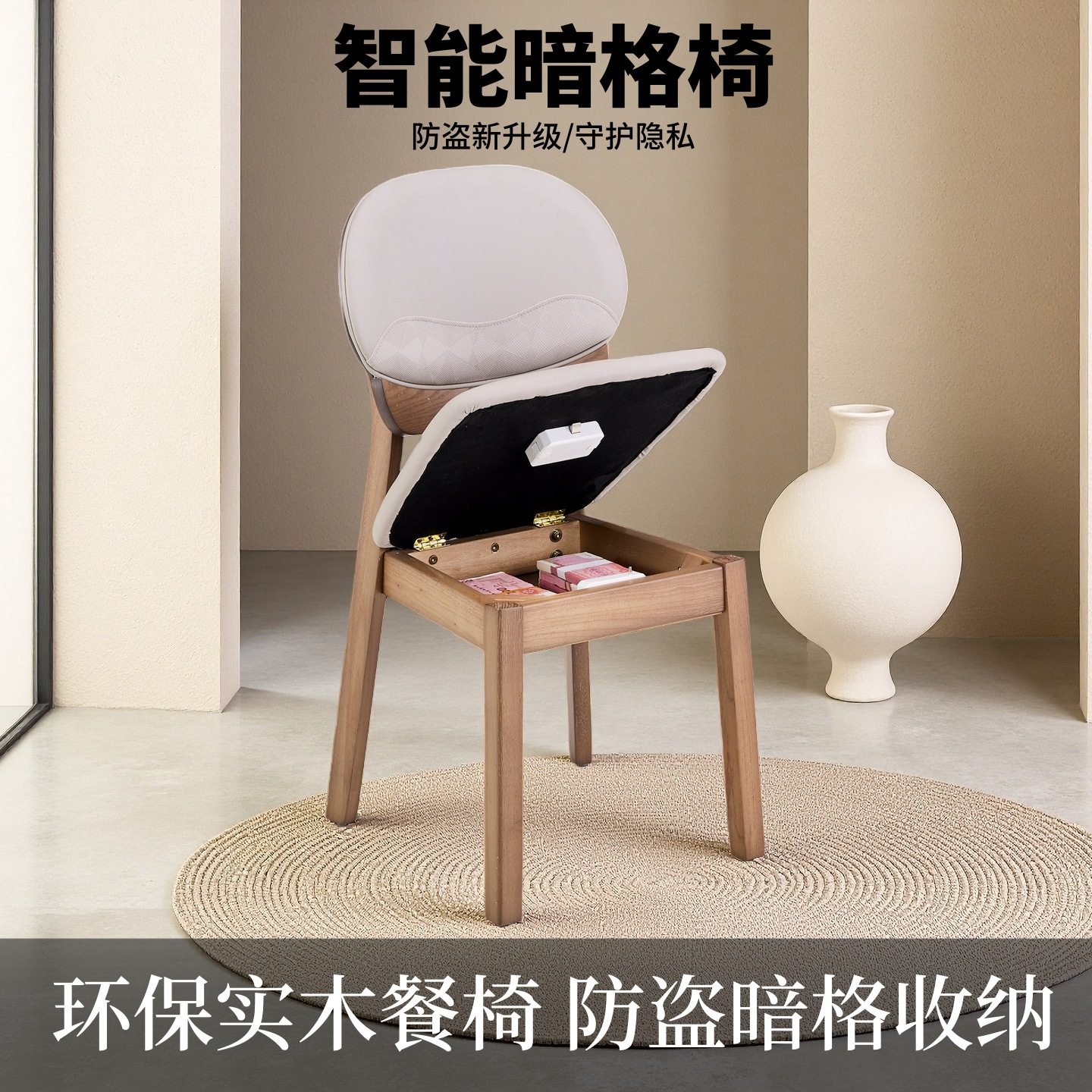 奶油风实木多功能暗格椅餐椅家用靠背办公凳意式休闲椅子现代简约,住宅家具,梳妆凳,淘宝优惠券,粉丝福利购,淘宝优惠卷
