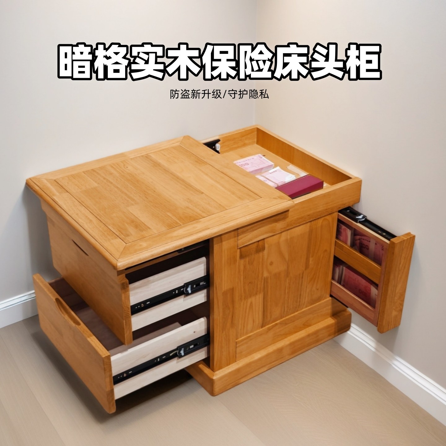 实木保险柜暗格床头柜边柜原木收纳储物柜家用藏钱家具防盗多功能