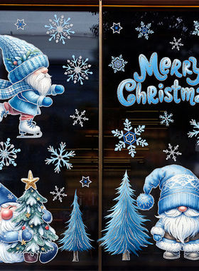 圣诞窗贴亚马逊新款蓝色撒粉雪人圣诞树节日派对布置静电墙贴