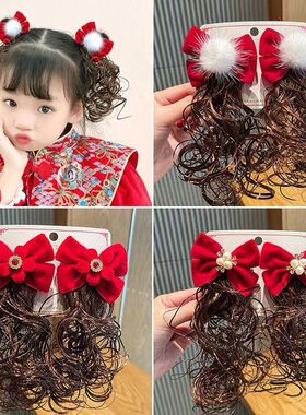 新年发饰女童蝴蝶结头饰中国风女假发辫儿童红色中秋汉服发夹