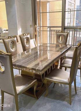 欧F75S868T式奢长方不锈钢餐家厅用大理石餐桌豪华饭轻桌形大户型