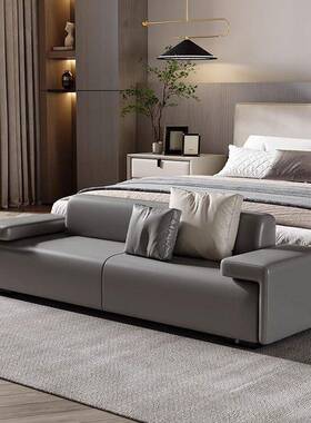 意式卧简床凳灰色皮质包沙发约凳现代轻奢极简室双人婚床床无品牌