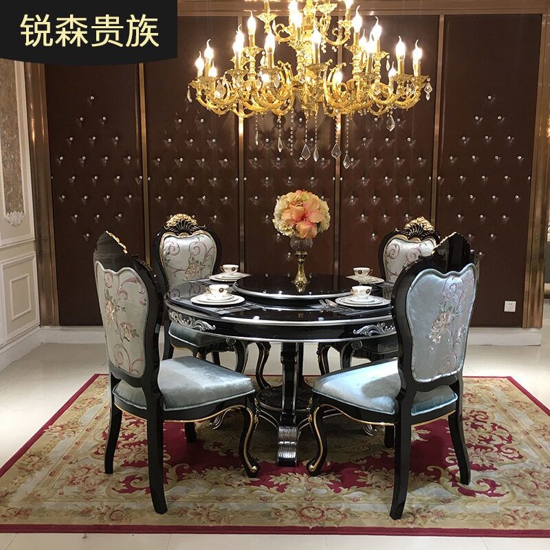 法式实木圆餐桌椅组合 欧式雕花圆形饭桌家用酒红色桌子餐厅家具