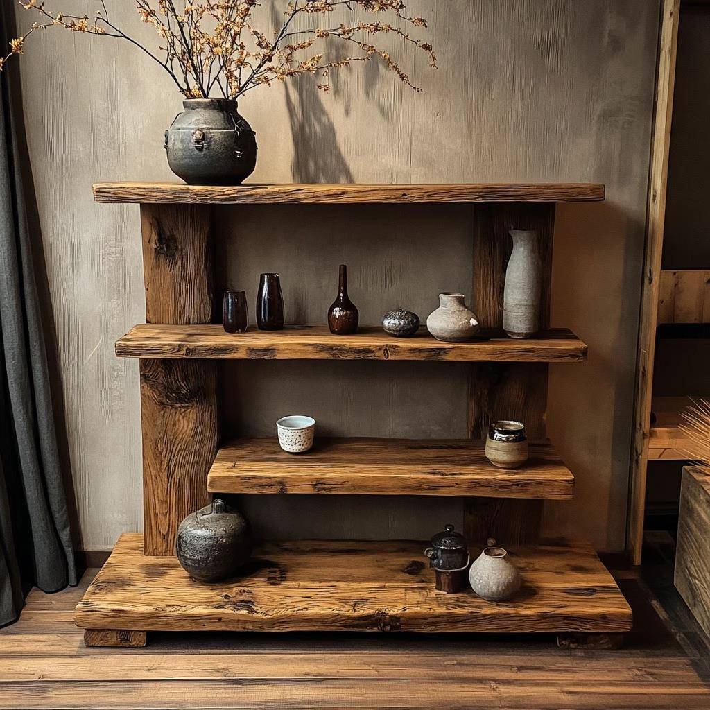 置诧寂风老木边柜实木纳书架落地架物架多层HUM收纳架茶子具收展