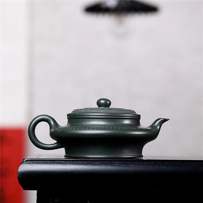 宜兴紫砂壶原矿00932扁绿泥刻家绘虚用紫茶壶砂茶具