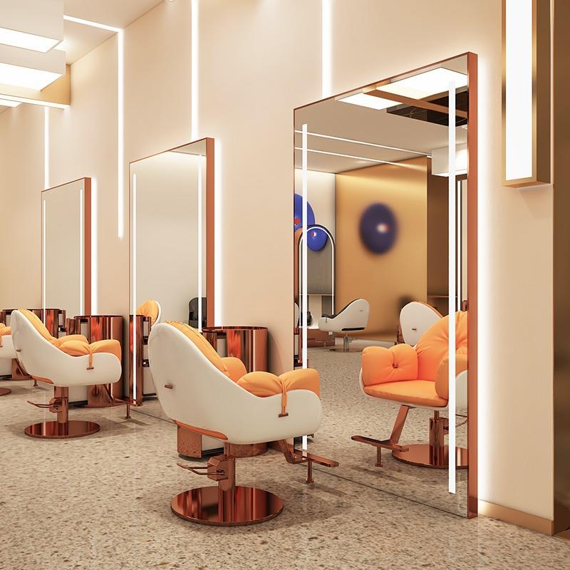 新款网红廊美店台GNW单双面落地发镜理镜发店美发镜子发带灯落地