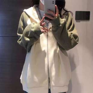 复合灯芯绒新款 oversize拼接连帽卫衣女潮 国潮开衫 宽松外套女韩版