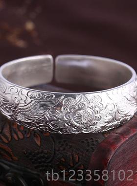 正品银手镯式熟真99纯银手工定老做订制9年轻女士宽宽版面款时尚