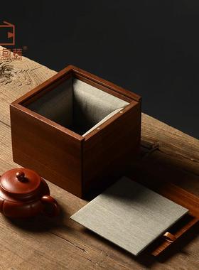 黑胡桃木抽盖盒建盏紫砂壶瓷器桌面收纳正方形复古实木礼品包装盒