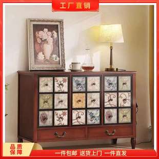 实木斗柜客厅靠墙电视柜复古彩绘斗柜卧室储物柜抽屉式 美式 大容量