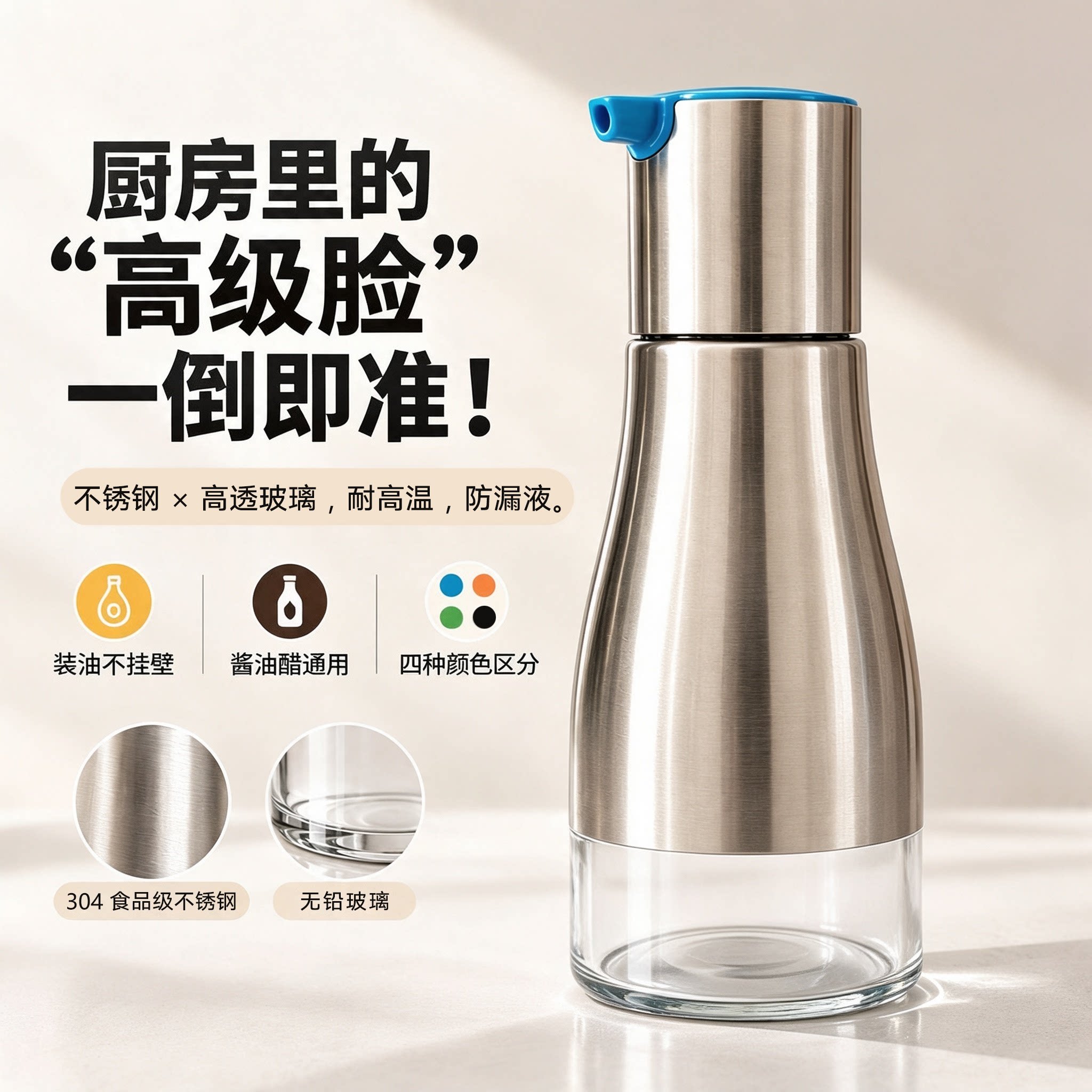 高档不锈钢玻璃调味瓶高颜值厨房家用食用油酱油料酒醋瓶食品级