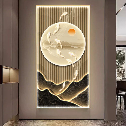 新中式入户玄关装饰画走廊过道尽头九鱼图挂画LED灯高档发光壁画