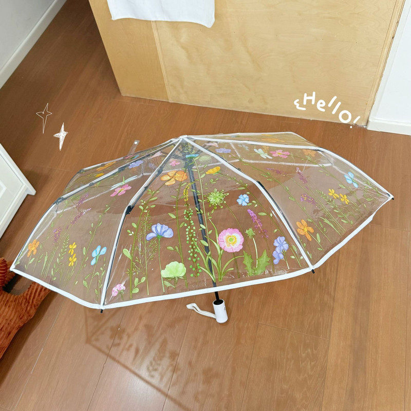 森系小清新女生花草透明雨伞加厚折叠自动长柄伞高颜值拍照神器