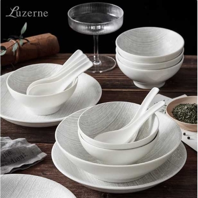 Luzerne陆升中式简约釉下彩松韵灰饭碗汤勺面碗汤盘6-8人食礼盒