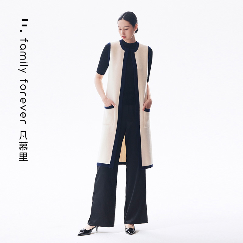 【Cashmere】女士黑白拼色四平空转长款针织马甲