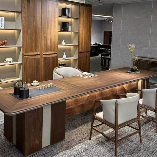 新中式实木办公室茶桌椅组合高端定制现代简约黑胡桃木会所泡茶台