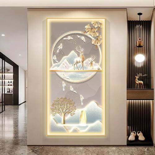 九鱼福禄玄关装饰画led带灯高级感入户画现代轻奢走廊正对门壁画
