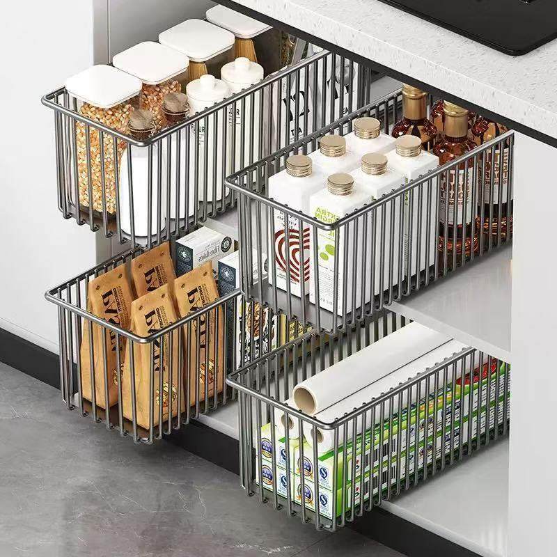 抽拉式网篮收纳筐下水槽拉篮橱柜分类神器带轨道厨房置物架