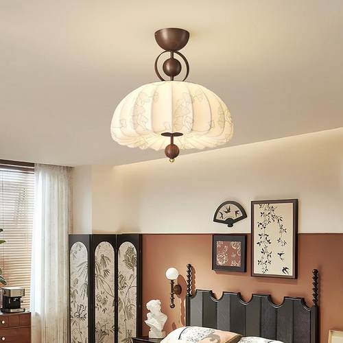 宋代美学卧室吸顶灯中古风布艺花纹书房灯覆古新中式饭厅吧台灯具