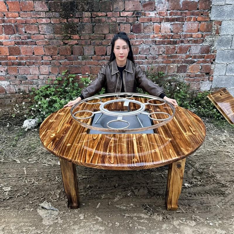 地摊火锅桌圆形实木炭盆桌农庄饭馆餐桌农村家用旋转转盘火锅桌子