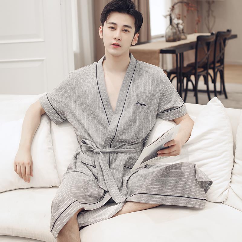 睡袍男士夏季纯棉薄款短袖中长版大尺码和服浴袍男款长袍睡衣家居