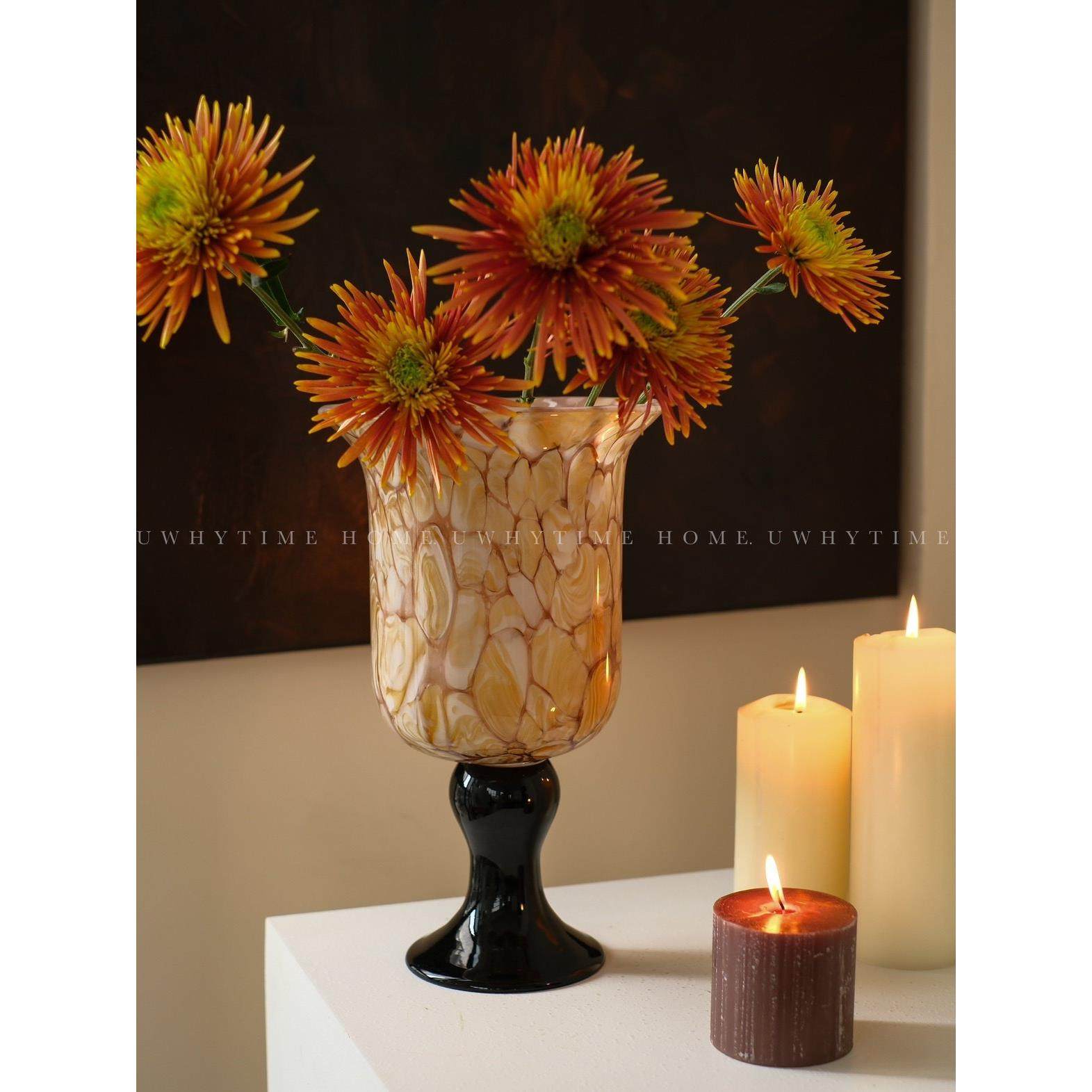 原创设计高级艺术法式复古橘粉绿肌理高脚手工琉璃花瓶风灯插花器,家居饰品,花瓶,淘宝优惠券,粉丝福利购,淘宝优惠卷