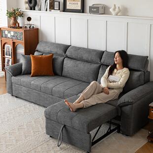 2025年新款可折叠沙发床一体两用小户型多功能棉麻直排双抽拉实木