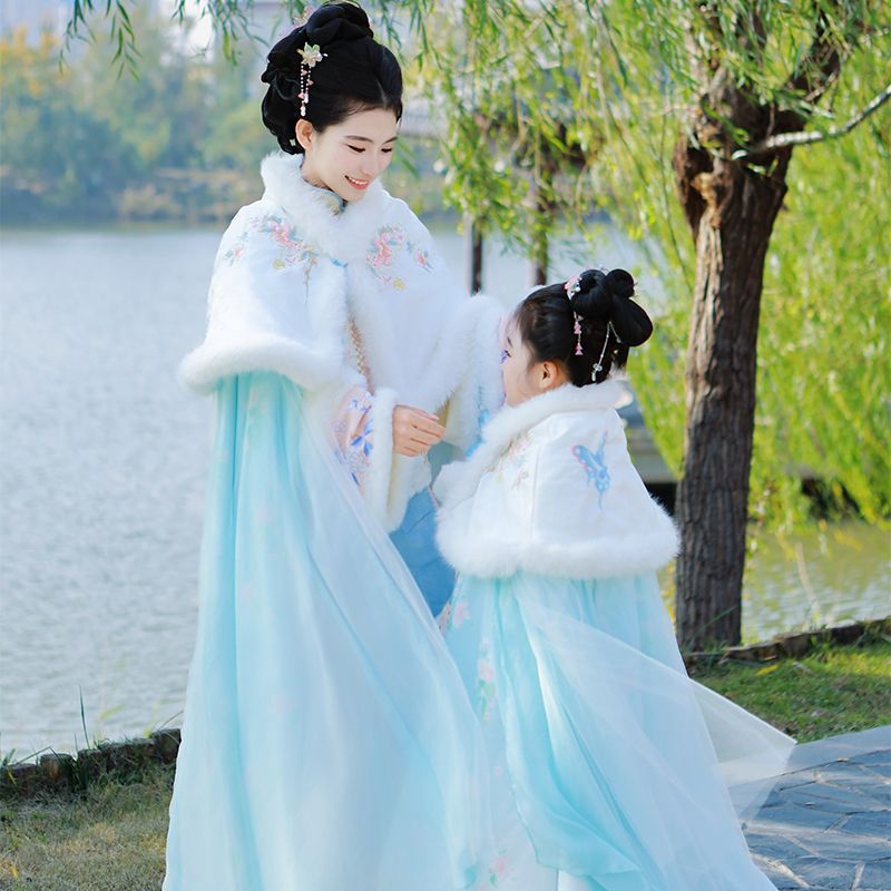 新款亲子装斗篷汉服女加绒加厚披风中国风长款外套古风保暖披肩冬