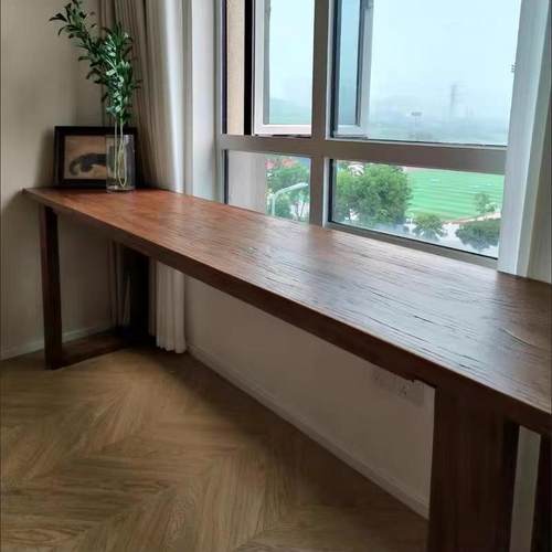 老榆木实木长条桌原木双人书桌茶桌餐桌办公桌吧台大板桌面板定制