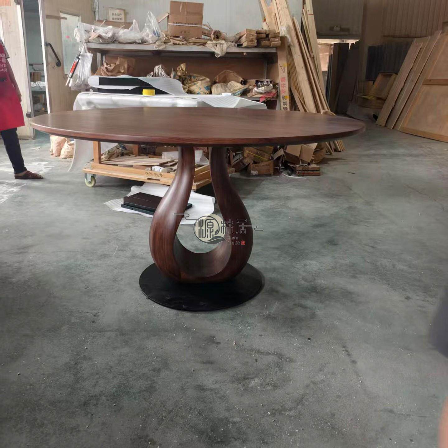 实木圆桌北美黑胡桃木客厅带转盘圆形餐桌现代小户型家用实木餐桌