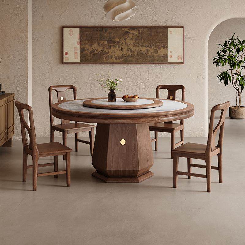 黑胡桃木实木岩板餐桌家用酒店高端圆形饭桌2025新款带转盘大圆桌