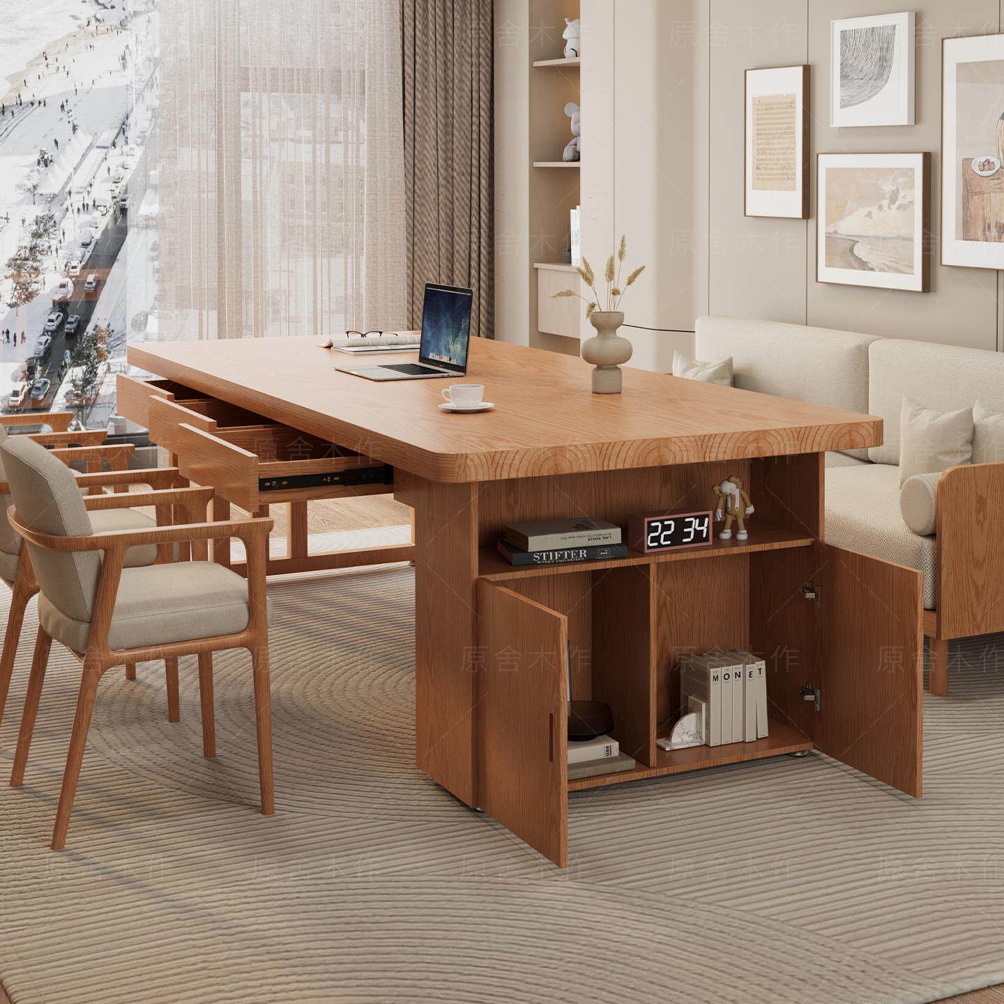 去客厅化实木大长书桌书架一体家用阅读学习桌白蜡木工作台带抽屉